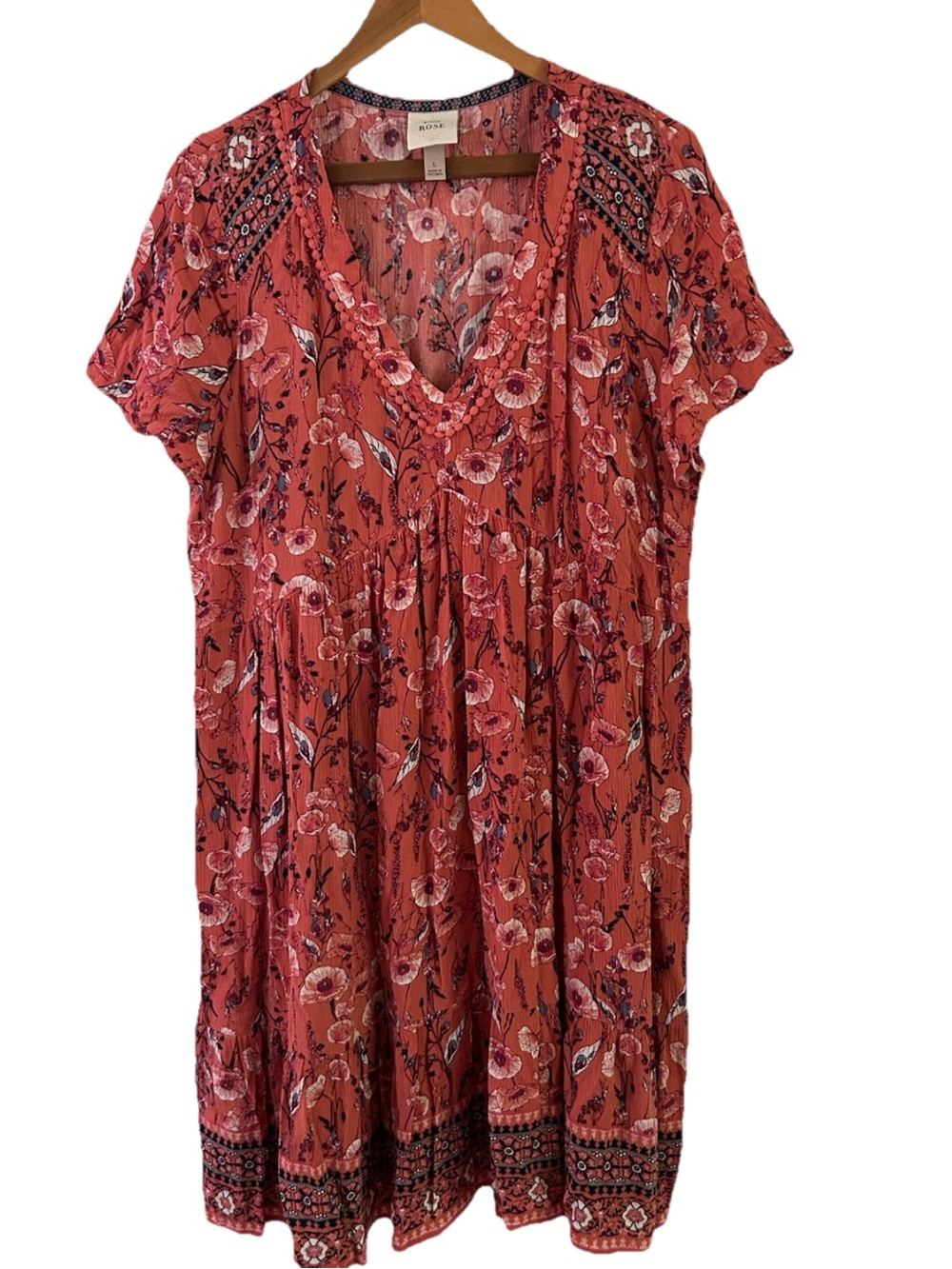 Knox Rose Women’s LG Baby Doll Floral Rose Pink V Neck Boho Peasant Cottagecore